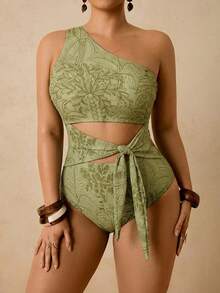 Travachic Plus Size Tropical Green Plant Print Asymmetric Neck Hollow Out Tie-Front One-Piece Swimsuit, Vacation Outfit Summer Beach - Green - View 3