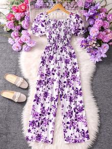 Sparklyn Girls' Allover Print Jumpsuit With Square Collar And Puff Sleeves, Summer Vacation Style - Purple - View 2