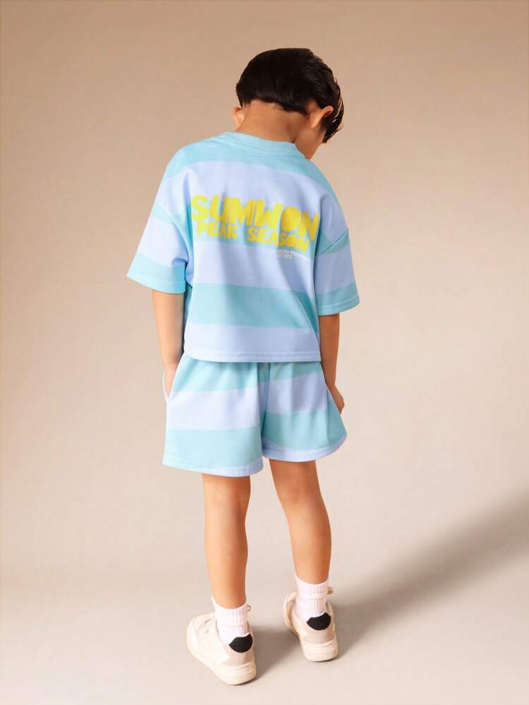 Oversized Striped T-Shirt And Shorts Set With Text Print