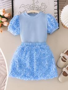 SHEIN Young Girls Light Blue 3D Rose Puff Sleeve Two Pieces Outfit Set, Elegant Princess Ribbed Knit Floral Skirt Set For Summer Birthday Party Wedding, Soft - Blue - View 4