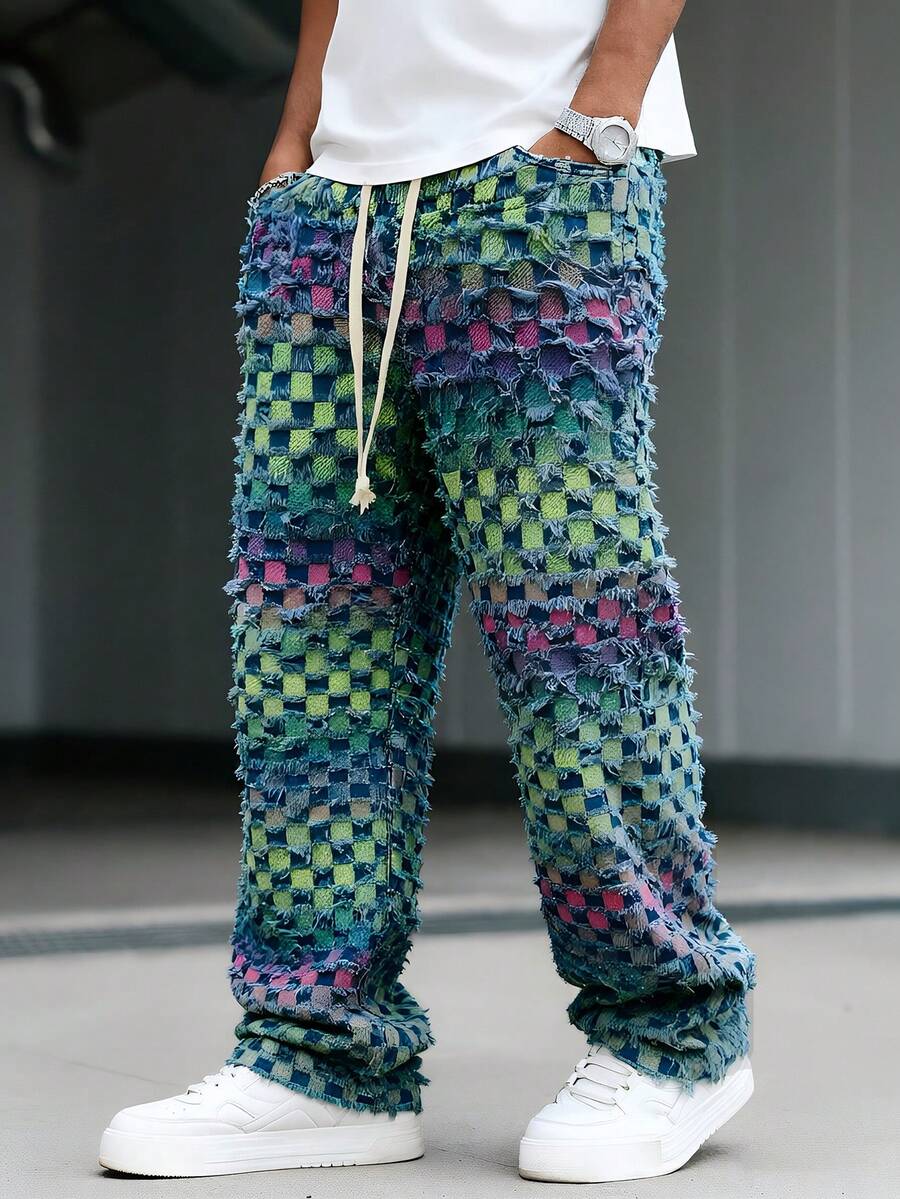Manfinity EMRG American Checkered Denim Jeans With Tassels - Multicolor - View 1