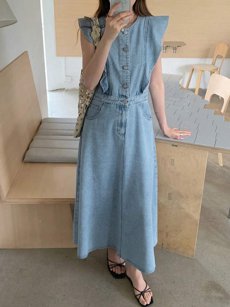 Women's Round Neck Button Half Placket Pocket Casual Denim Dress