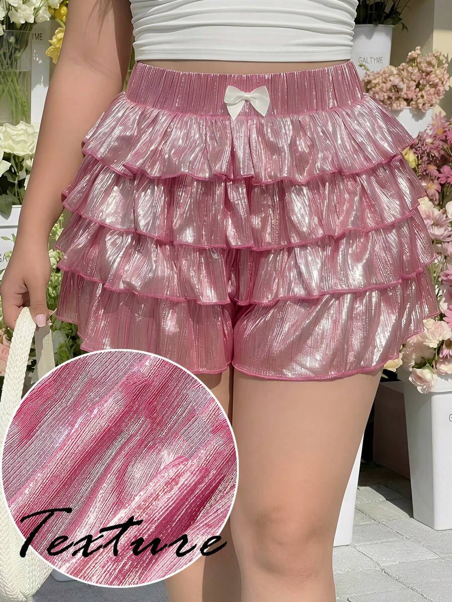 SHEIN MOD 大尺碼休閒雷射粉色荷葉邊短褲，女款曲線夏季節慶與派對，日常沙灘荷葉邊短褲