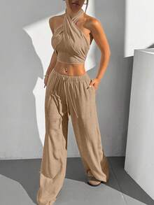 SHEIN EZwear 2 piezas Conjunto casual de top halter corto de unicolor y pantalones con lazo en la cintura para mujer de verano - Marrón - Ver 6