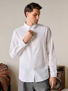 VeloEdit White Color Men's Solid Button-Down Long Sleeve Shirt, Collar, Fall Old Money, With Pocket & Button Front, Business Commuting & Boyfriend Summer - White - View 6
