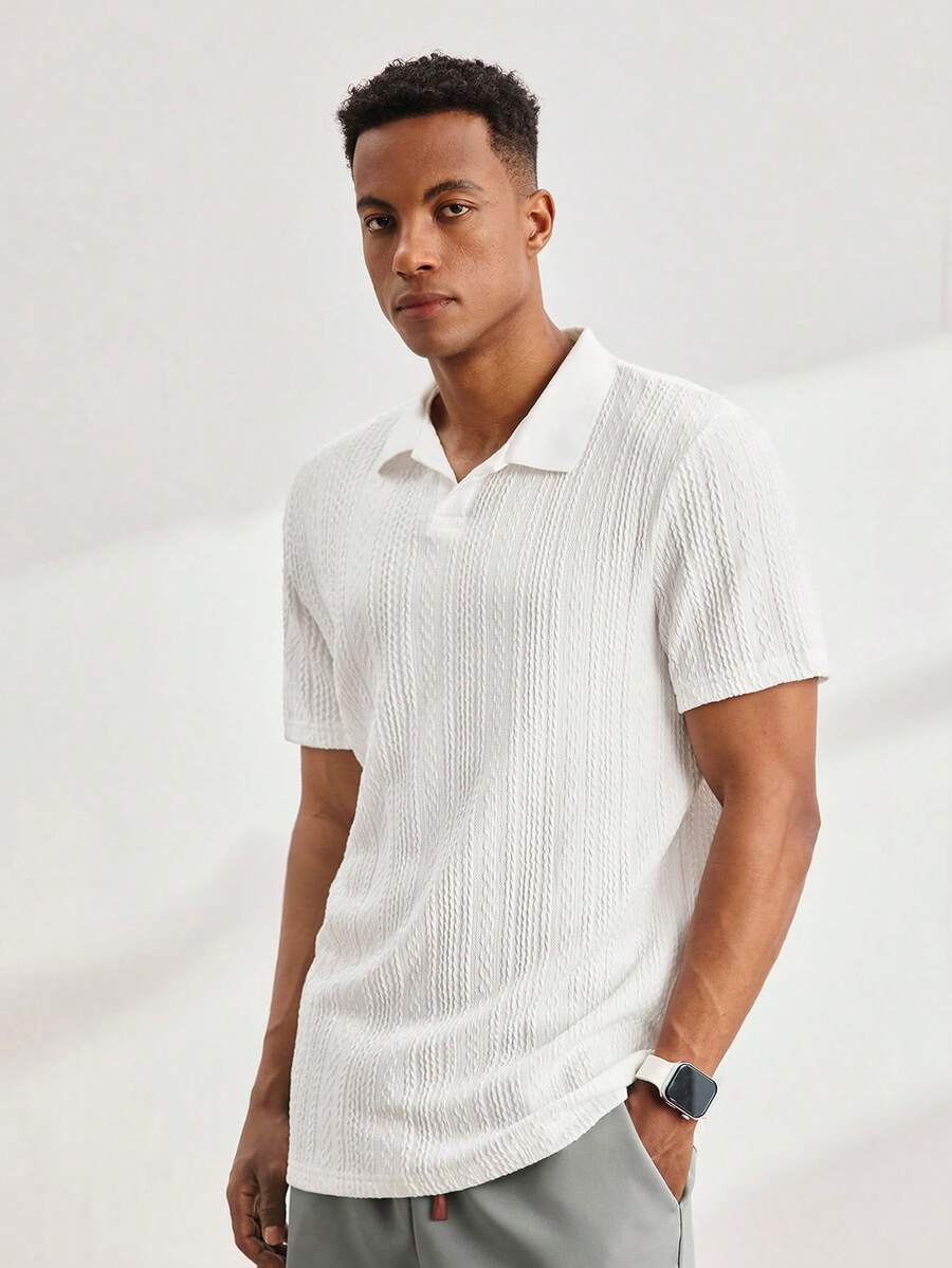 Driftmere Men's Casual Loose Knit Drop Shoulder Polo Shirt With Turndown Collar, Short Sleeve Men Polo Shirt Knitted Polo Shirt Men Textured Polo Shirt Short Sleeve Polo Shirt, Old Money - White - View 1