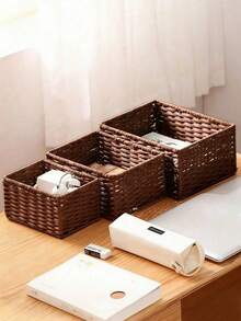 1 chiếc/3 chiếc (S+M+L) Giỏ mây để bàn, đựng đồ trang điểm, chìa khóa, đồ ăn nhẹ, giỏ đựng đồ đan lát cho phòng khách, phòng ngủ, phòng học và văn phòng, giỏ trang trí nhà cửa, quà tặng lý tưởng - màu nâu - Xem 2