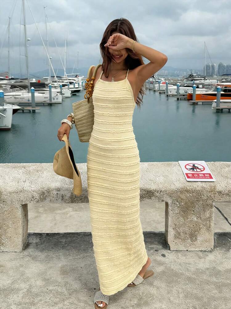 Women's Textured Fabric Yellow Casual Bodycon Dress, Suitable For Spring & Summer Vacation