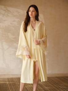 PREMIUM CONTRAST LACE BELTED ROBE - Yellow - View 4