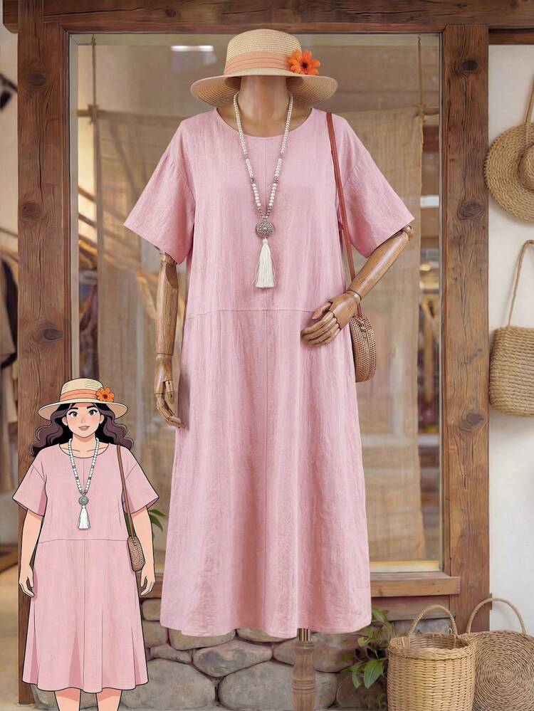 Plus Size Women Solid Color Round Neck Short Sleeve Casual Loose Dress Vacation Outfits For Women Country Dress For Women Summer Holiday Outfits Women's Country Clothing Summer Outfits For Women Linen Dresses For Women Summer New Arrival Dress For Women Casual Zanzea Dress For Women Plus Size Bubu Dresses For Women Casual Dresses For Women Summer