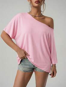 SHEIN ICON Camiseta de manga raglán de corte holgado y casual para mujer, de unicolor - Rosa - Ver 5