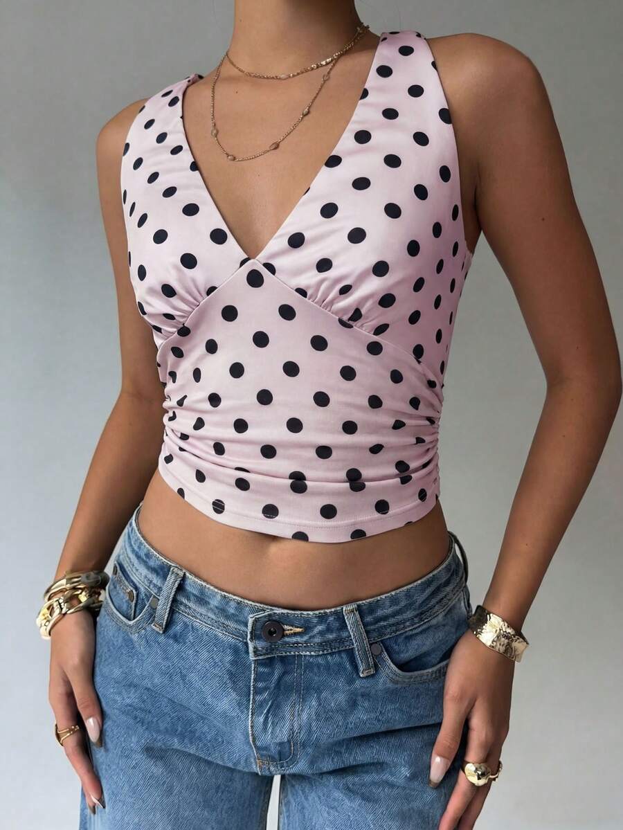 SHEIN K-Vae 新款夏季性感露背波点设计女式吊带背心 - 淺粉色 - 查看 1