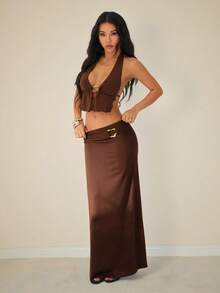 SHEIN PETITE Conjunto de dos piezas para mujer para uso diario - Café integral - Ver 8