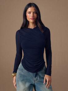 SHEIN BAE Áo thun nữ dài tay cổ chữ V xếp ly màu trơn, ôm dáng. - Màu xanh hải quân - Xem 5
