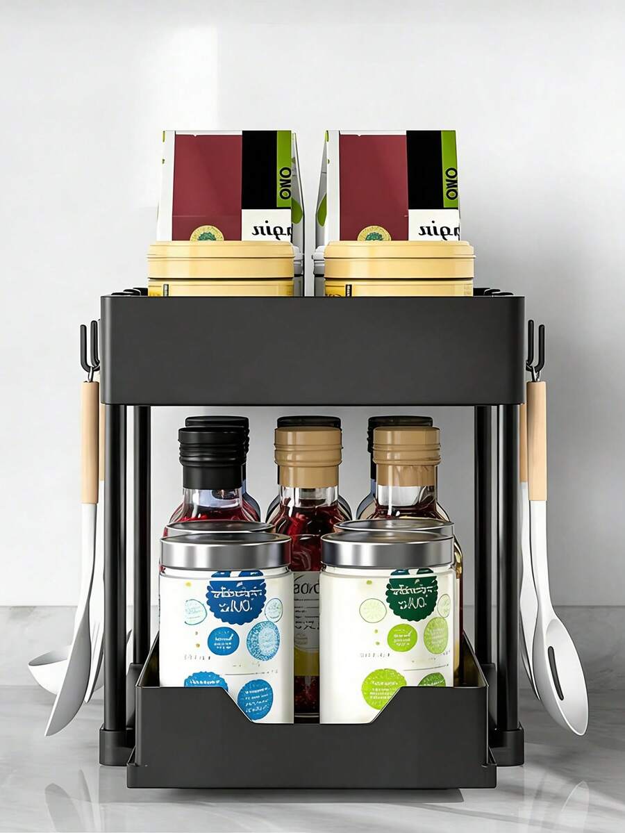 2 piezas de estantes de almacenamiento de plástico de 2 capas, multifuncionales, de gran capacidad, estilo gabinete de doble capa para almacenamiento y clasificación, estante de almacenamiento con cajones adecuado para botellas y frascos de especias, estante de almacenamiento extraíble para debajo del fregadero adecuado para gabinetes, cocinas, restaurantes y baños, estante de almacenamiento que ahorra espacio - Multicolor - Ver 1