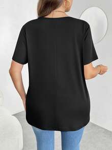 Enliva Plus Size Casual Basic Casual Crew Neck Short Sleeve Knitted T-Shirt Office Black Summer, For Apple And Rounded Body Shape - Black - View 2