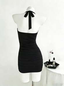 Flirla Black,Summer,Techno,Club Night,Rave Halter Deep V Rivet Pleated Bodycon Mini Dress, Slim Fit Cocktail Party Waist Ruching,Music Festival Dress - Black - View 2