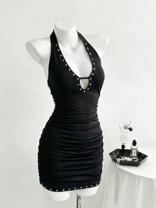 Flirla Black,Summer,Techno,Club Night,Rave Halter Deep V Rivet Pleated Bodycon Mini Dress, Slim Fit Cocktail Party Waist Ruching,Music Festival Dress - Black - View 4
