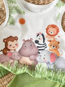 SHEIN 2件套婴幼儿男童夏季卡通动物印花无袖背心+纯绿色短裤套装，活泼可爱，适合户外探险、亲子互动和欢乐派对时光。婴儿夏季套装，可爱动物图案男童服装，幼儿夏季套装，男童背心套装 - 彩色 - 查看 5