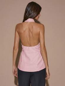 Blusa elegante de color café sólido con cuello halter sin espalda para mujer, top elegante, top con estilo de envoltura cruzada, otoño/invierno - Rosa vieja - Ver 2