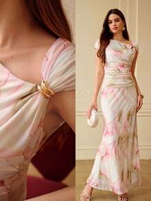 ZEYLAH Blusa romántica asimétrica de manga corta con hombro descubierto y estampado, para primavera/verano - Rosa - Ver 1