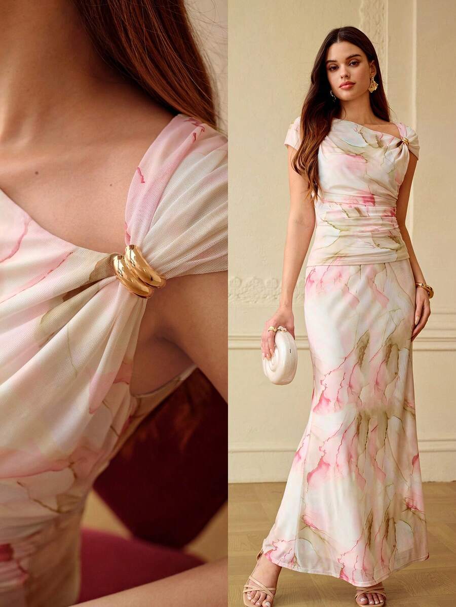 ZEYLAH Blusa romántica asimétrica de manga corta con hombro descubierto y estampado, para primavera/verano - Rosa - Ver 1