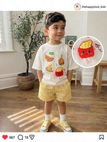 THE HAPPY LOOK 2pcs/Set Young Boy Cartoon Animal Print Soft Knit Crew Neck Short Sleeve Top And Elastic Waist Shorts,Kids - Yellow - View 1