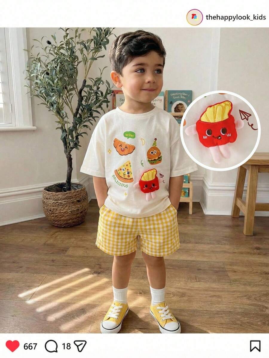 THE HAPPY LOOK 2pcs/Set Young Boy Cartoon Animal Print Soft Knit Crew Neck Short Sleeve Top And Elastic Waist Shorts,Kids - Yellow - View 1