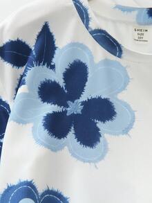 2件套女童碎花印花T恤和高腰纹理阔腿裤套装 - 彩色 - 查看 4