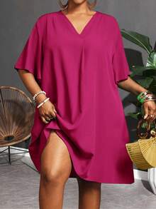 Slaydiva Đầm nữ tay ngắn bằng chiffon, cổ chữ V, dáng rộng, tay bồng, kiểu dáng thanh lịch, thường ngày hoặc công sở, thích hợp cho lễ Phục sinh/miền Tây. - Màu Hồng Tươi - Xem 11
