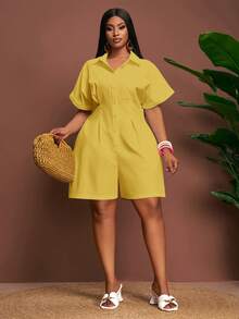 Slaydiva Mustard Yellow,Summer,Smart Casual,Vacation Plus Size Short Jumpsuit,Solid Shirt Collar Open Front Pocket Rolled Cuff Waisted Semi-Sheer Woven Fabric - Yellow - View 6