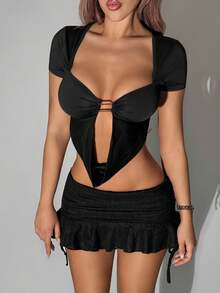SHEIN ICON Y2K 女士黑色性感 Coachella 外出纯色荷叶边下摆半身裙，内含短裤 - 黑色 - 查看 5