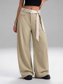SHEIN EZwear Quần tây ống suông màu trơn, dáng rộng, thời trang, phù hợp cho nữ giới mùa thu/đông, thích hợp mặc đi làm. - Màu Khaki - Xem 5