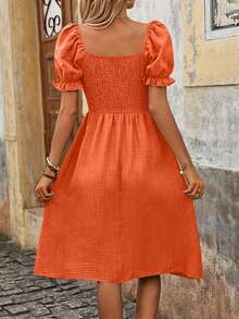 EMERY ROSE Women's Denim Effect Puff Sleeve A-Line Dress - Orange - View 2