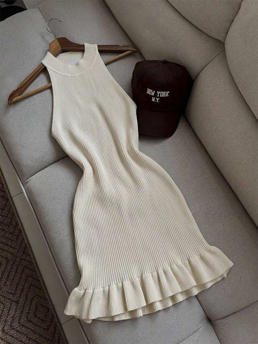 Franclia Women's Sleeveless Knit Dress With Frill Trim - Apricot - View 1