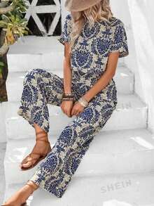 EMERY ROSE Beige,Summer,Boho,Holiday,Vacation,Holiday Elegant Two Pieces Set For Women,Short-Sleeve Pullover Shirt & Loose Straight-Leg Pants Casual Outfits, Tall Women - Multicolor - View 6