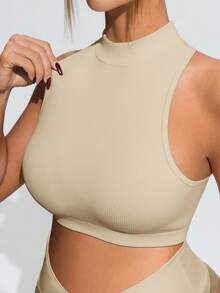 SHEIN 孕妇纯色立领上衣和短裤休闲日常运动套装 - 卡其色 - 查看 10