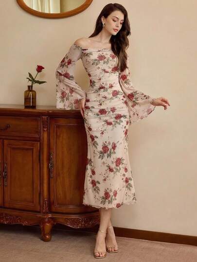 Vintamour Váy trễ vai in họa tiết hoa hồng thanh lịch cổ điển, tay loe xếp nếp, lưới bó sát dành cho nữ, trang phục dự tiệc & thường ngày cho lễ Tạ ơn, trang phục gợi cảm cho nữ, quần áo mùa thu, váy trễ vai gợi cảm cho nữ, váy Giáng sinh cho nữ, trang phục thanh lịch cho lễ Tạ ơn, váy dạ hội, váy hoa cho nữ, váy mùa đông cho nữ, trang phục Giáng sinh cho nữ, trang phục hòa nhạc cho nữ, váy cổ tích cho nữ, váy dự tiệc gợi cảm, váy nhẹ cho nữ, váy mùa hè Quần áo mùa xuân