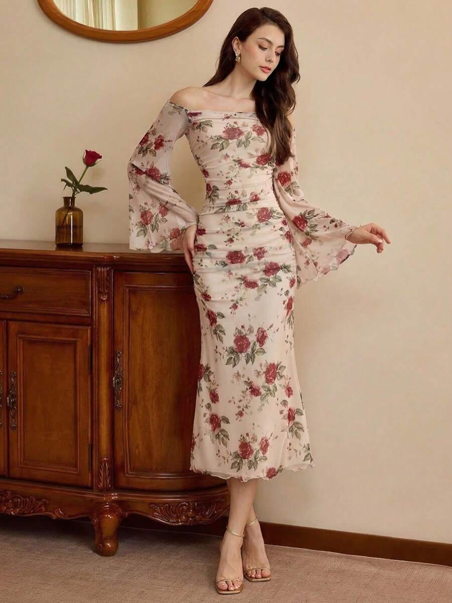 Vintamour Váy trễ vai in họa tiết hoa hồng thanh lịch cổ điển, tay loe xếp nếp, lưới bó sát dành cho nữ, trang phục dự tiệc & thường ngày cho lễ Tạ ơn, trang phục gợi cảm cho nữ, quần áo mùa thu, váy trễ vai gợi cảm cho nữ, váy Giáng sinh cho nữ, trang phục thanh lịch cho lễ Tạ ơn, váy dạ hội, váy hoa cho nữ, váy mùa đông cho nữ, trang phục Giáng sinh cho nữ, trang phục hòa nhạc cho nữ, váy cổ tích cho nữ, váy dự tiệc gợi cảm, váy nhẹ cho nữ, váy mùa hè Quần áo mùa xuân