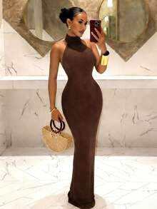 Slaydiva Spring/Summer New Y2K Street Style Sexy Dress - Perfect For Parties, Dinners, Dates, Nightclubs, Nightlife, Travel, Airports, And Vacations. Basic Round Neck Backless Slit Slim Fit Long Dress - A,Summer Dresses For Women - Brown - View 1