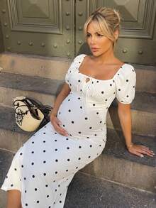 MaterniWear Elegant Polka Dot Print Tie-Front Dress For Pregnant Women, Perfect For Afternoon Tea, Office Wear, Dates, And Other Occasions. - White - View 5