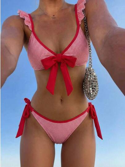 Swim Mod Ensemble de bikini sexy à volants avec nœud devant à pois pour femmes, idéal pour l'été et la plage