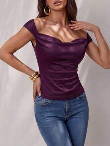 Glamine Charm Áo sơ mi nữ màu tím đậm cổ đổ, dáng bất đối xứng, có dây buộc chéo phía sau và chi tiết thắt eo điều chỉnh được, thích hợp cho câu lạc bộ, tiệc tối, hẹn hò. - Màu tím - Xem 3