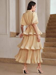 Anewsta Robe de vacances, chemise à manches pétales d'été col chemisier jupe plissée gâteau, robe longue kaki à ourlet volumineux fortement ornée col plissé bouffant gâteau - Kaki - Voir 2