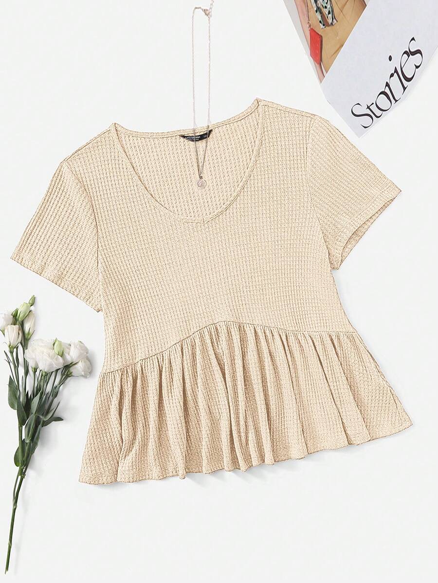 SHEIN VCAY Plus Size Casual Solid Color Short Sleeve T-Shirt, Summer - Apricot - View 1