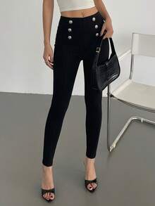 Joudiya Leggings casuales de mujer con botones en la cintura - Negro - Ver 9