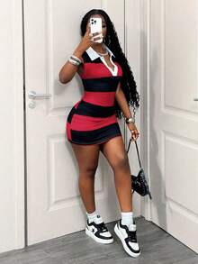 BamGleam Striped Contrast Color Sleeveless Polo Collar Bodycon Mini Dress, Casual Comfortable Stretchy Slimming Short Dress For Daily Wear - Multicolor - View 7