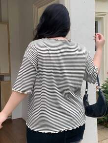 Dazy Plus 寬鬆條紋短袖黑白夏季圖案T恤 - 黑與白 - 查看 3