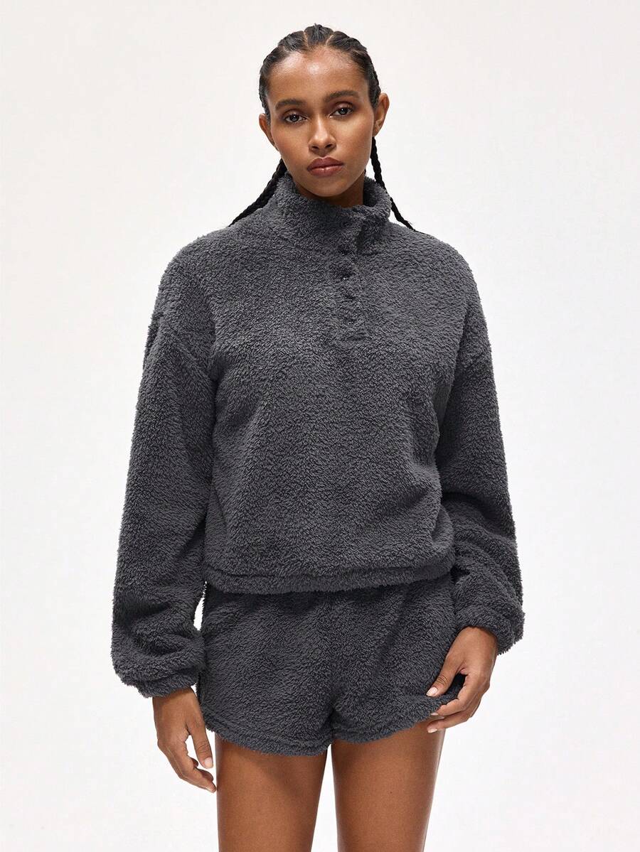 Rest Era Women's Solid Color Drop Shoulder Long Sleeve Top And Shorts Fleece Lounge Set, Fluffy Winter Clothes - Grey - View 1