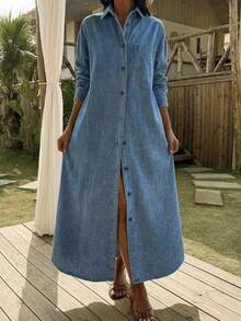 DAZY Women's Casual Washed Pocket Denim Shirt Dress, Spring/Summer,Wedding Guest Dress Women - Blue - View 4